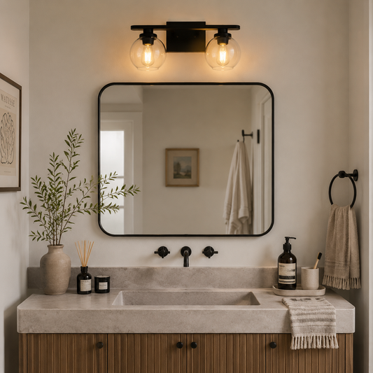YANSUN 2-Light Bathroom Vanity Light Matte Black Wall Sconce with Open Globe Glass Shades E26 Modern Mirror Light Fixture