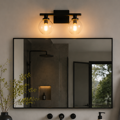 YANSUN 2-Light Bathroom Vanity Light Matte Black Wall Sconce with Open Globe Glass Shades E26 Modern Mirror Light Fixture