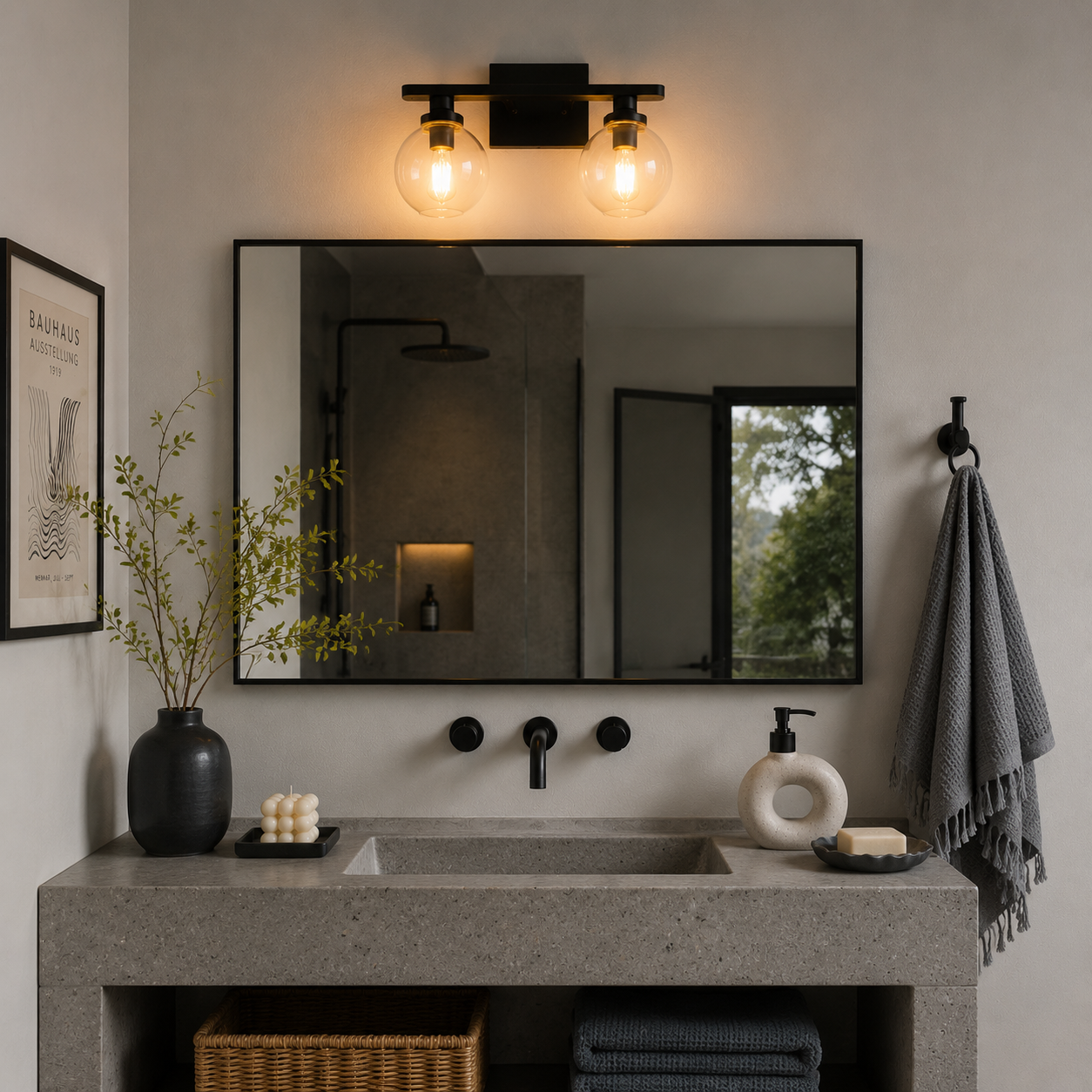 YANSUN 2-Light Bathroom Vanity Light Matte Black Wall Sconce with Open Globe Glass Shades E26 Modern Mirror Light Fixture