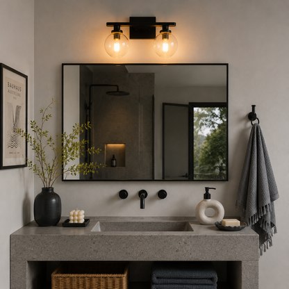 YANSUN 2-Light Bathroom Vanity Light Matte Black Wall Sconce with Open Globe Glass Shades E26 Modern Mirror Light Fixture