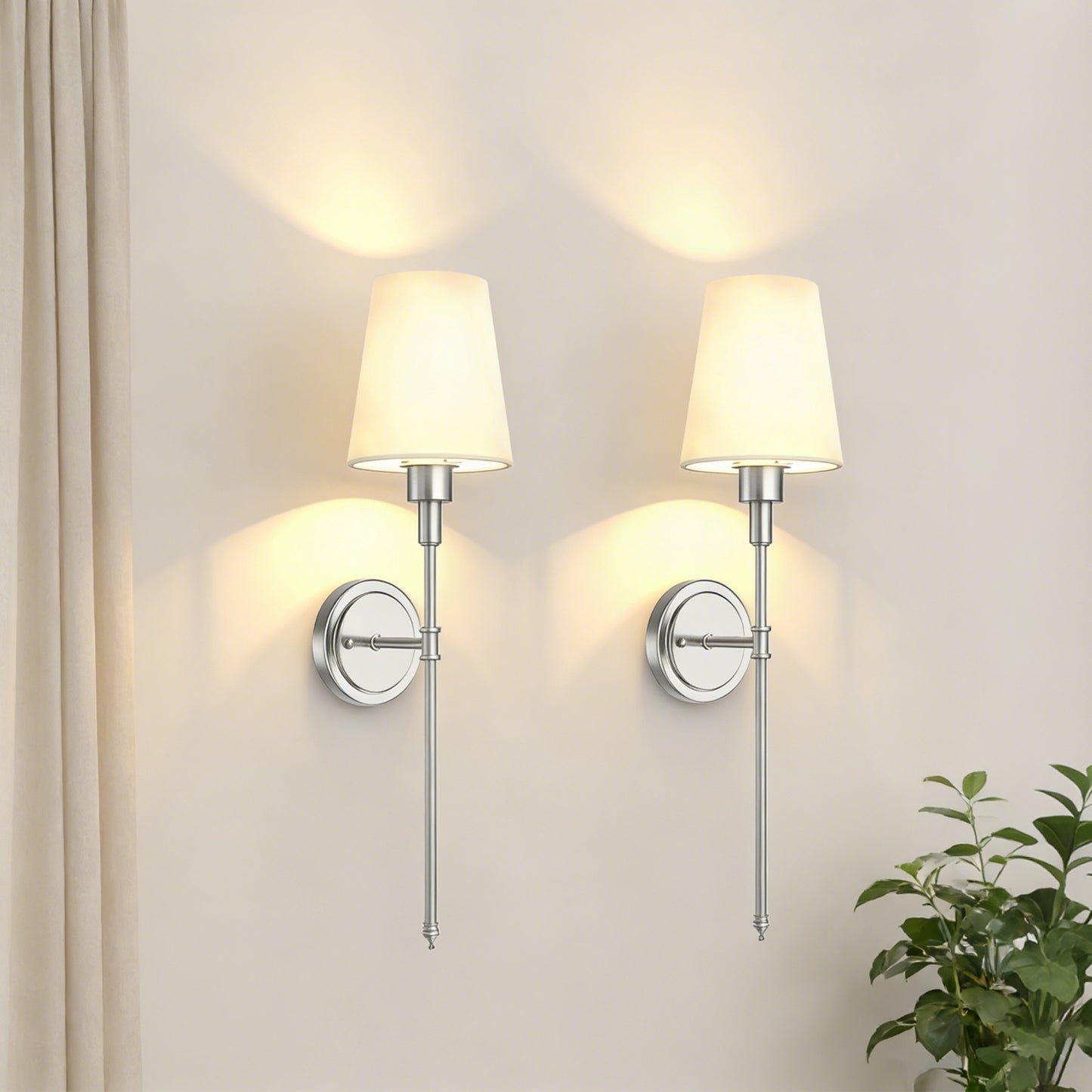 YANSUNSet of 2 Nickel Fabric Wall Sconces with RGBCW Remote Control Dimmable Indoor Wall Lights for Bedroom Living Room