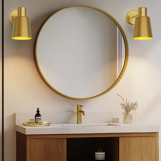 YANSUN 8 in. 1-Light Gold Dimmable Wireless Wall Sconces, LED Lights with Remote Control for Bathroom (2-Pack)