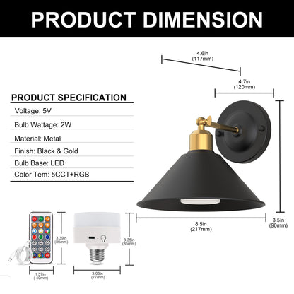 9 in.2-Pack Black and Gold Bell Wireless Wall Sconces, Dimmable LED Wall Lights with Remote Control for Bathroom Bedroom