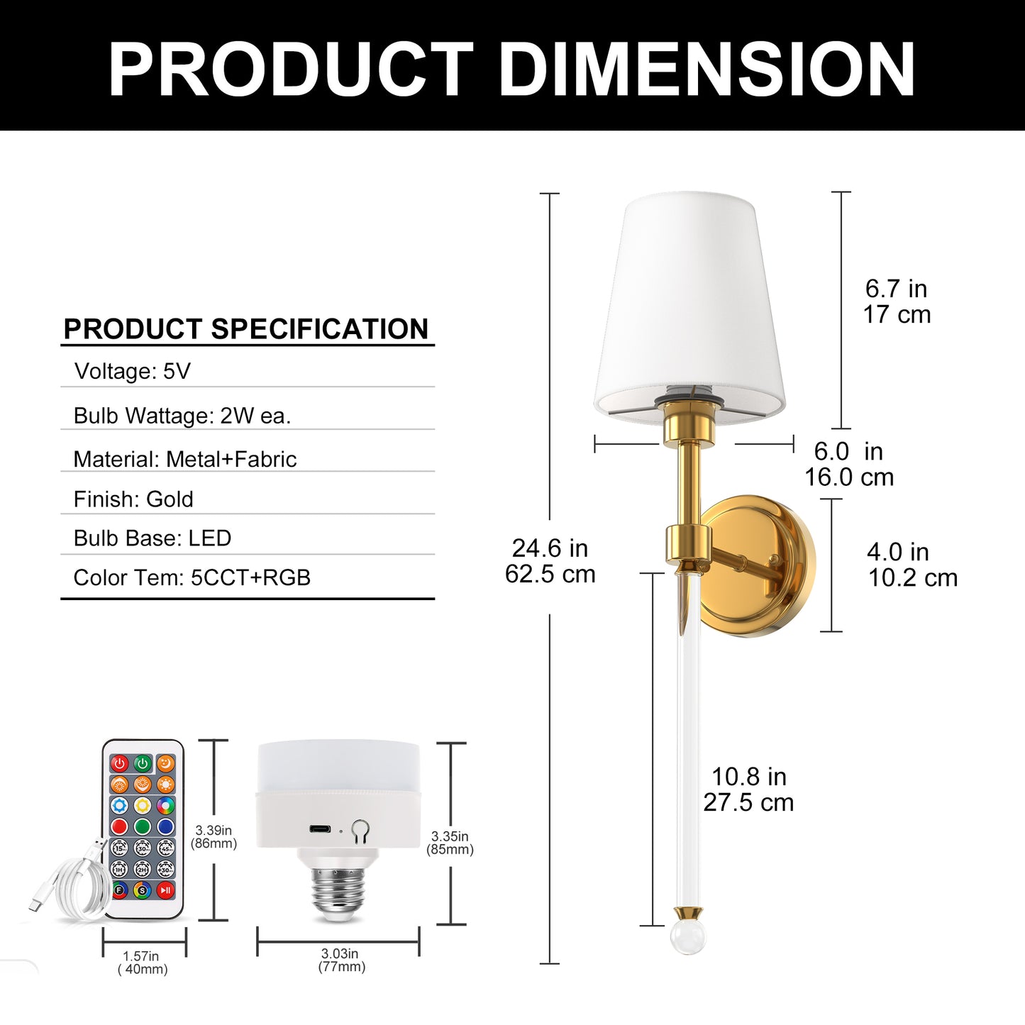 YANSUN 2-Pack Indoor Wall Sconces with Acrylic Cone Shade, 2W RGB CW Dimmable LED, Remote-Controlled, Extra Bulbs Included