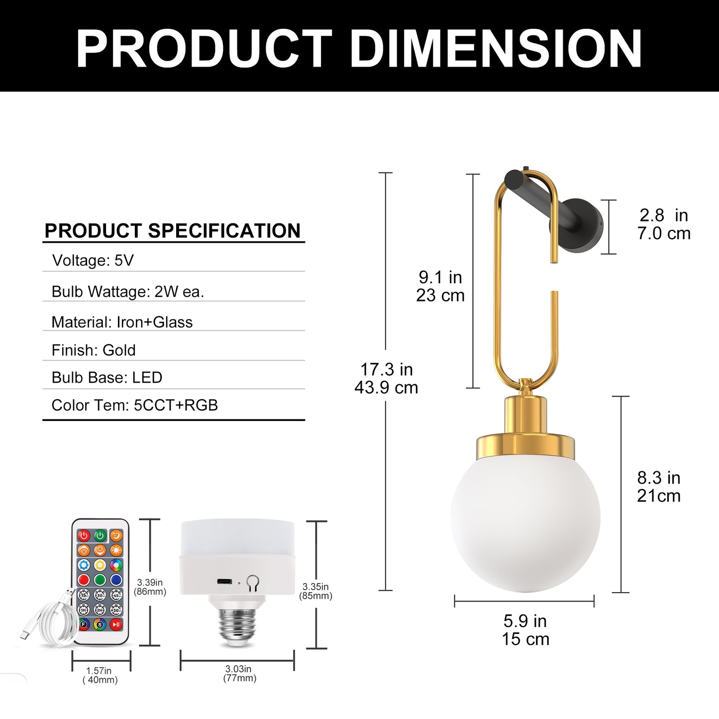 YANSUN 2-Pack Indoor Wall Sconces with Frosted Globe Shades, 2W RGB CW Dimmable LED, Remote-Controlled, Extra Bulbs Included