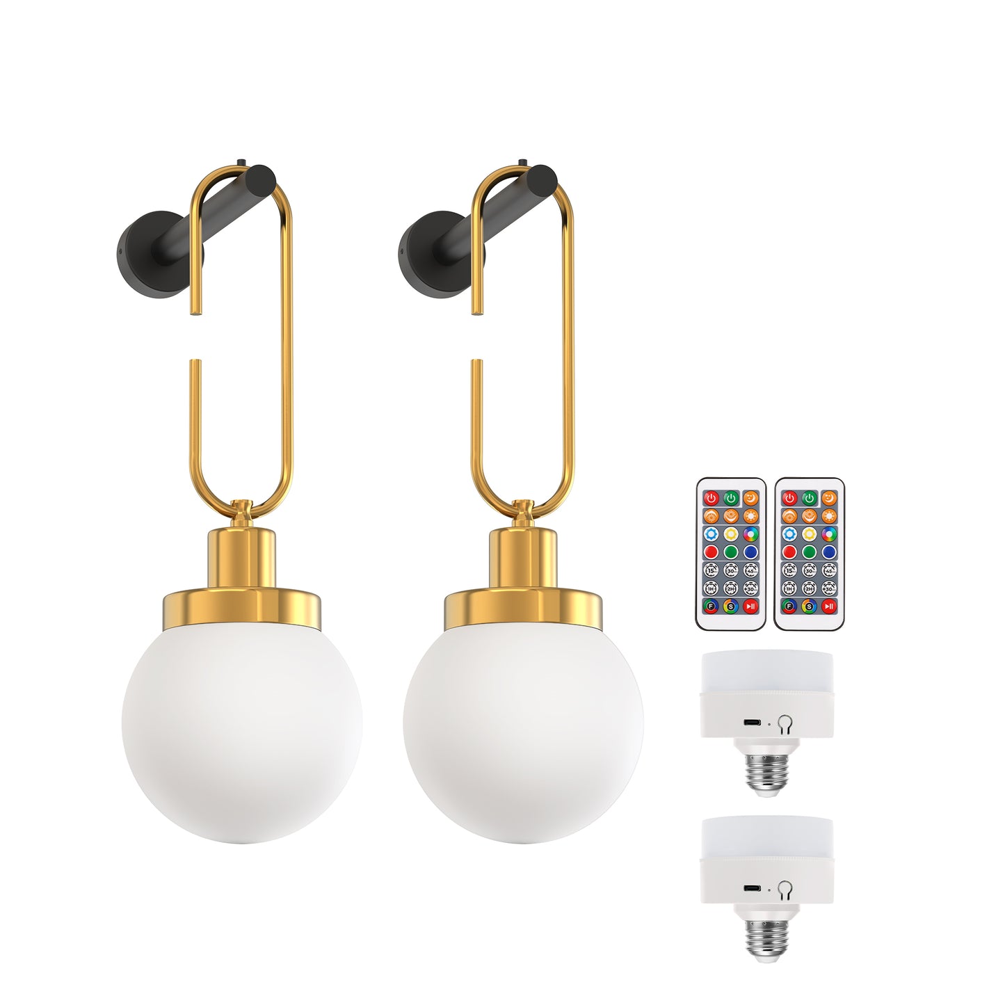 YANSUN 2-Pack Indoor Wall Sconces with Frosted Globe Shades, 2W RGB CW Dimmable LED, Remote-Controlled, Extra Bulbs Included