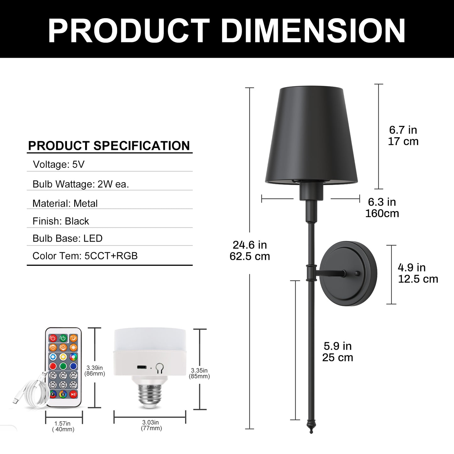 YANSUN 2-Pack Indoor Wall Sconces with Black Iron Cone Shade, 2W RGB CW Dimmable LED, Remote-Controlled, Extra Bulbs Included