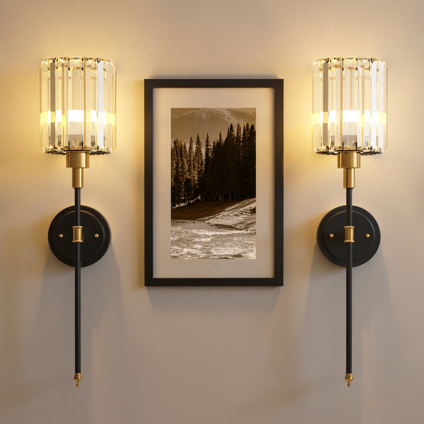 YANSUN 2pk Modern Crystal Wall Sconce with Remote Control, 24.6" Black & Copper Decorative Indoor Wall Light with RGB Color Changing Bulb