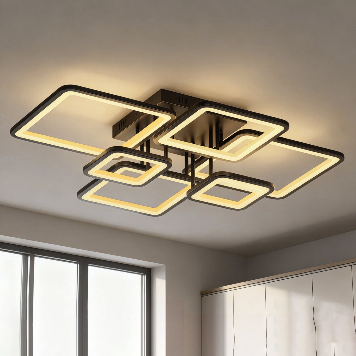 YANSUN 31.5-Inch Square Flush Mount Ceiling Light with Acrylic Panels, Integrated LED 3000K-6000K Adjustable, 90W, Matte Black