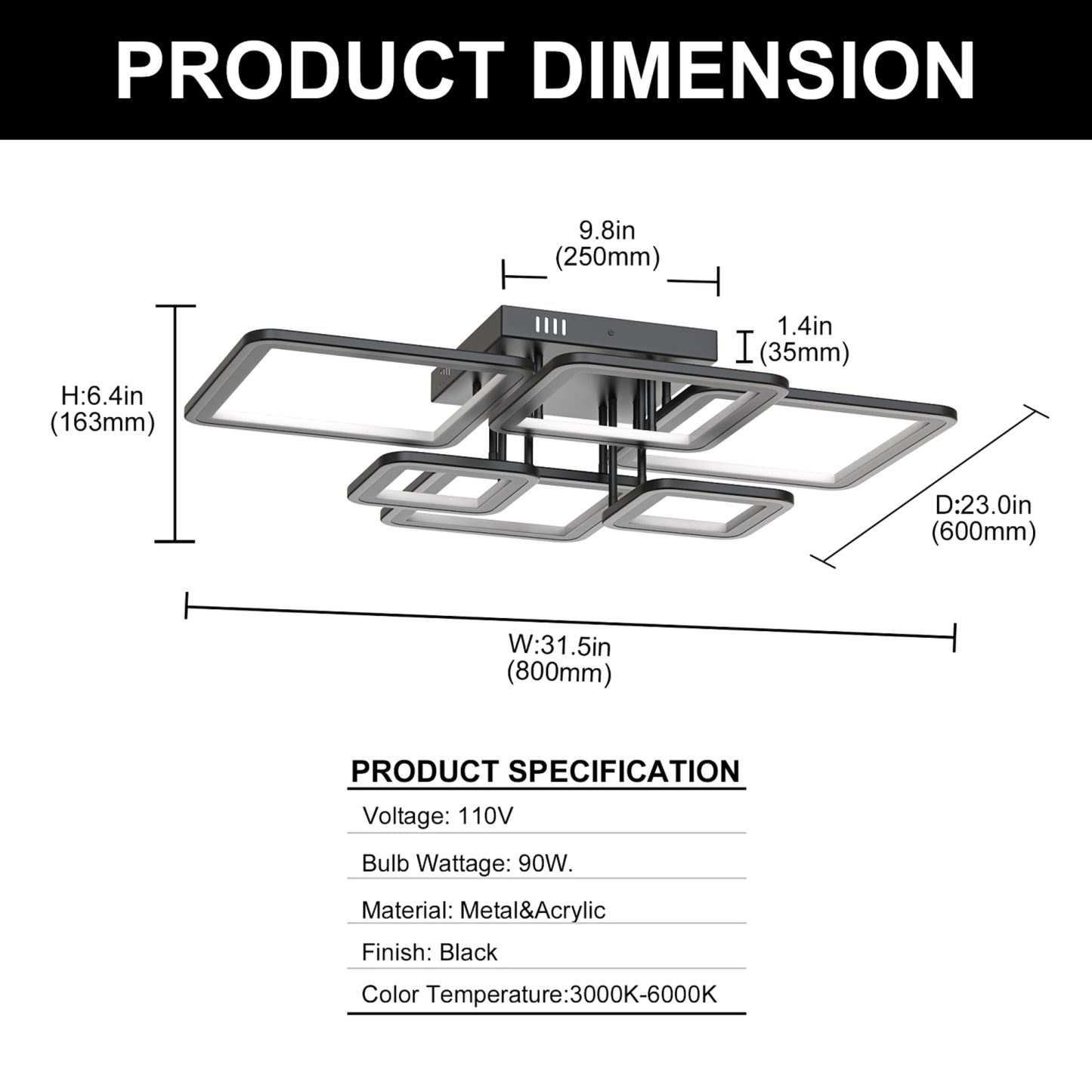 YANSUN 31.5-Inch Square Flush Mount Ceiling Light with Acrylic Panels, Integrated LED 3000K-6000K Adjustable, 90W, Matte Black