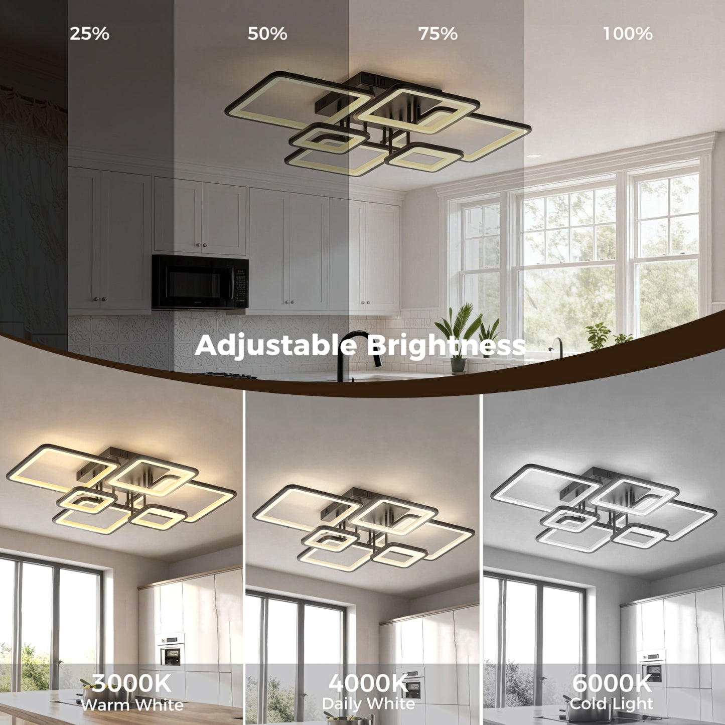 YANSUN 31.5-Inch Square Flush Mount Ceiling Light with Acrylic Panels, Integrated LED 3000K-6000K Adjustable, 90W, Matte Black