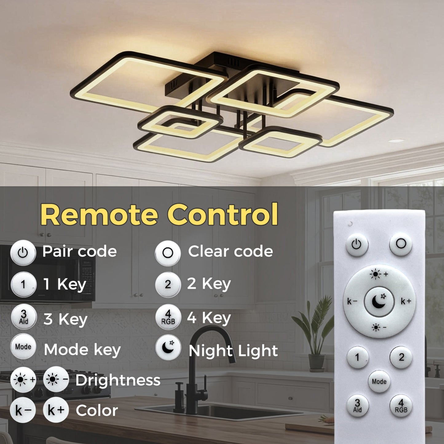 YANSUN 31.5-Inch Square Flush Mount Ceiling Light with Acrylic Panels, Integrated LED 3000K-6000K Adjustable, 90W, Matte Black