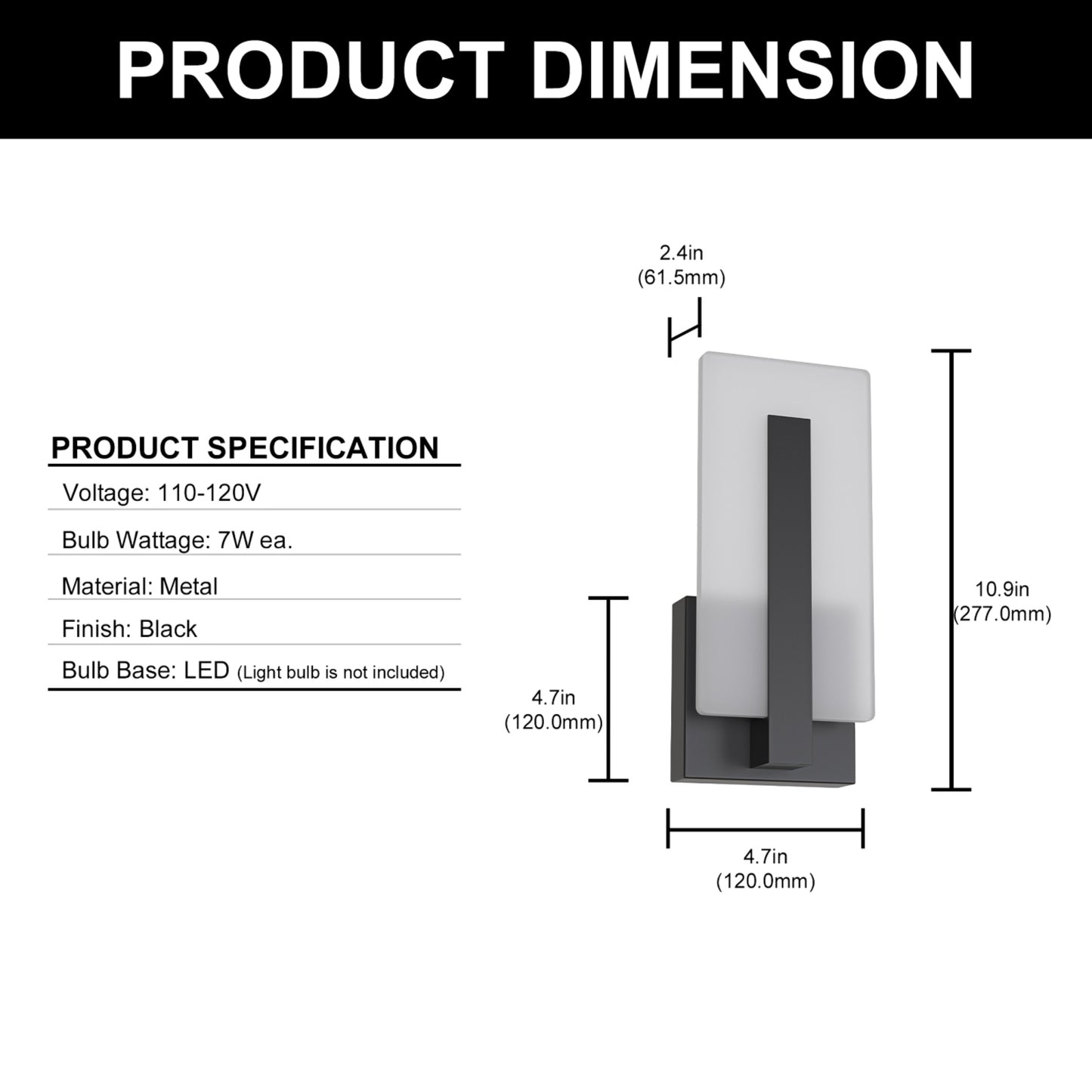 YANSUN Set of 2 Wall Sconces with Side-Emitting Acrylic Panels, Integrated LED 3000K, Matte Black Finish, 363 Lumen