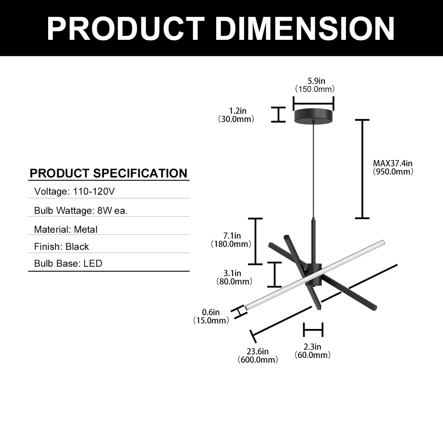 YANSUN 3-Light LED Sputnik Chandelier 23.6 in. Matte Black Modern Chandelier with Silicone Diffusers 3000K Dimmable