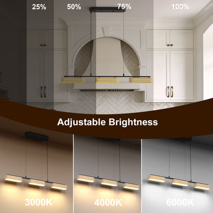 YANSUN 3-Light Farmhouse LED Island Pendant 37.6 in. Matte Black Metal with Oval Wood Shades Dimmable Color Temp 3000-6000K