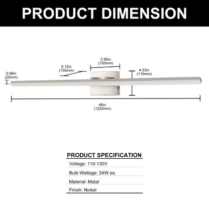 24-Watt 1-Light Nickel Integrated LED Vanity Light, 48 in. Modern Bathroom Wall Sconce, Adjustable Light Bar for Mirror