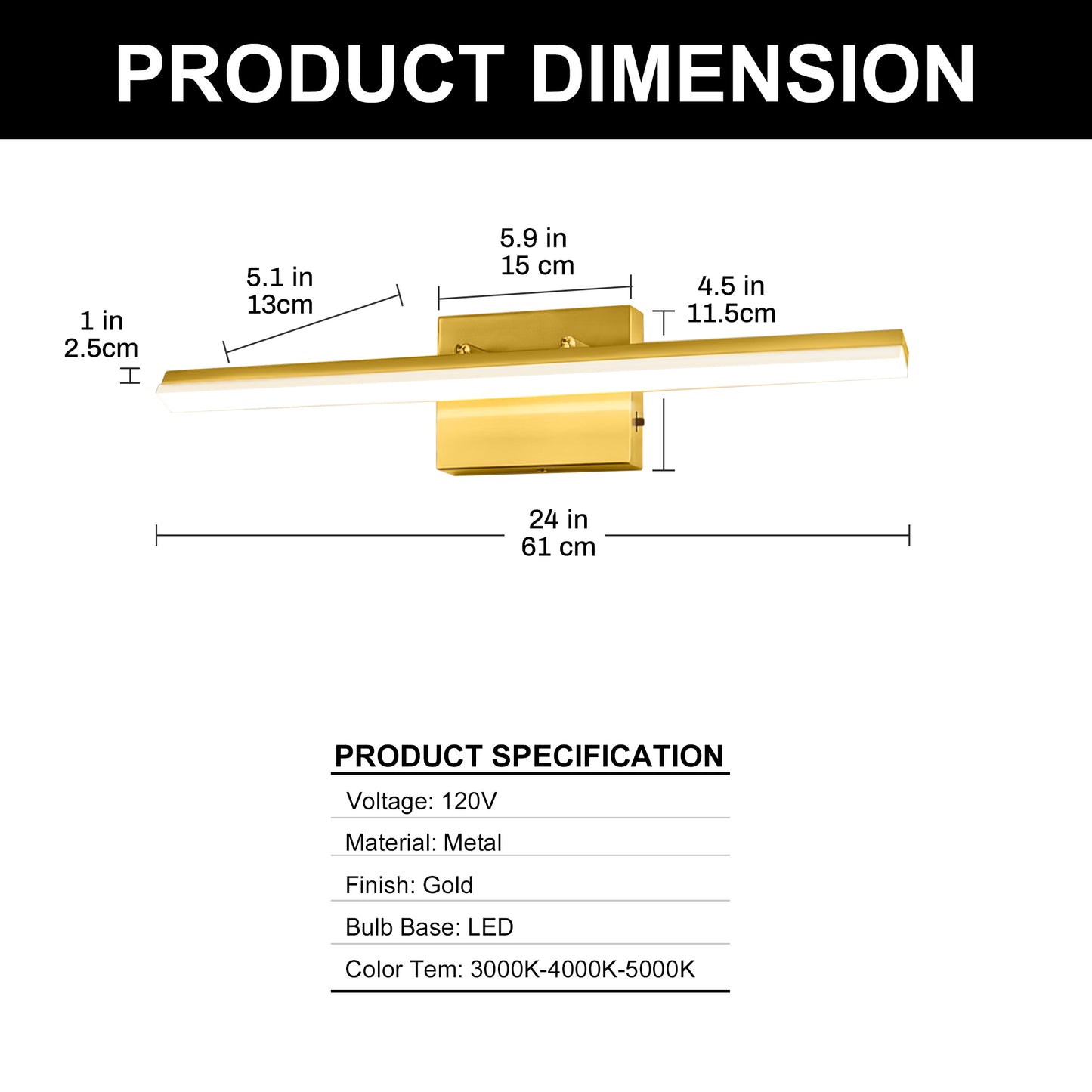 YANSUN 24 in LED Vanity Light with Copper Finish, Integrated LED, Dimmable and 3CCT, 120V
