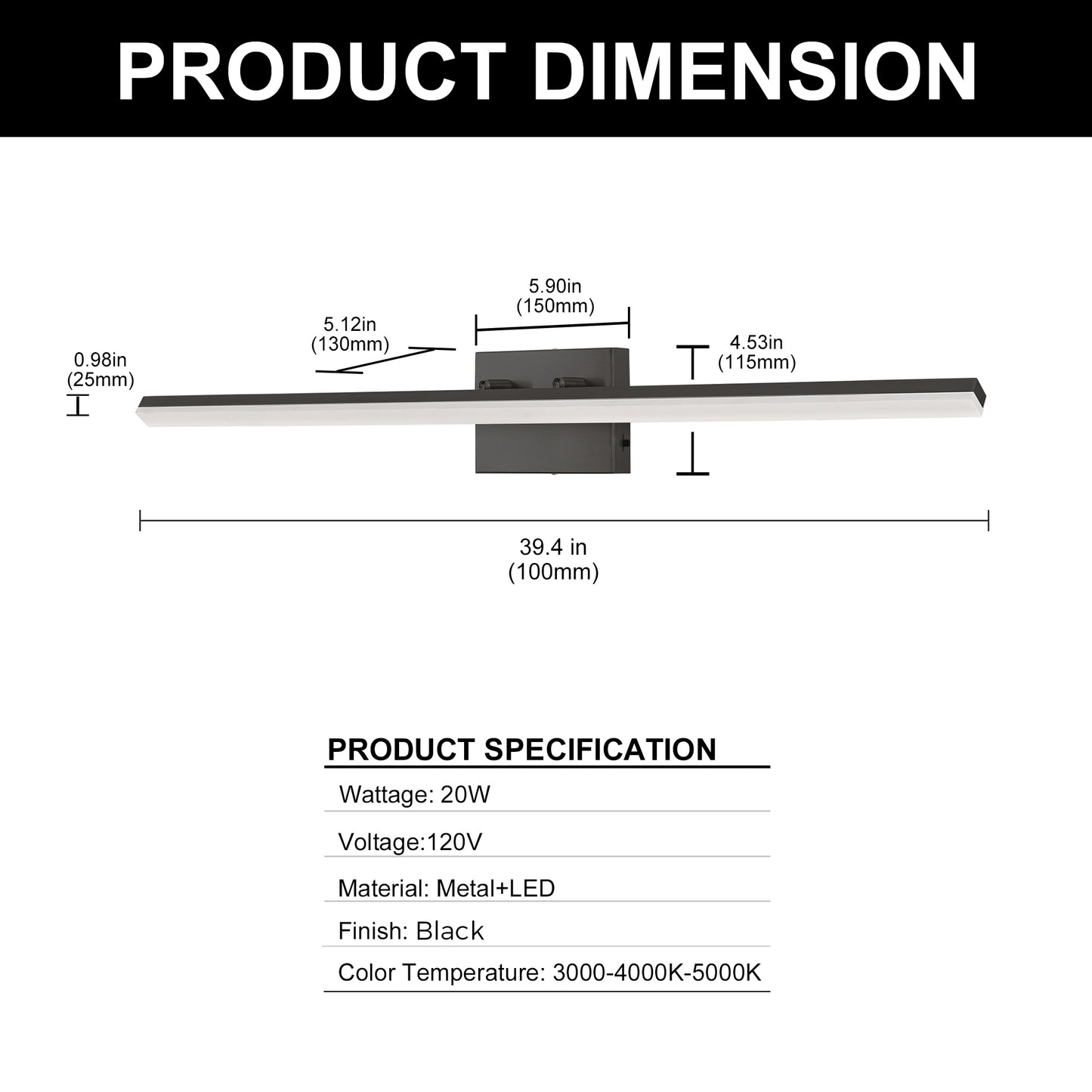 YANSUN 40 in LED Vanity Light with Integrated LED, Black Matte Finish, 3CCT Dimmable, 110V