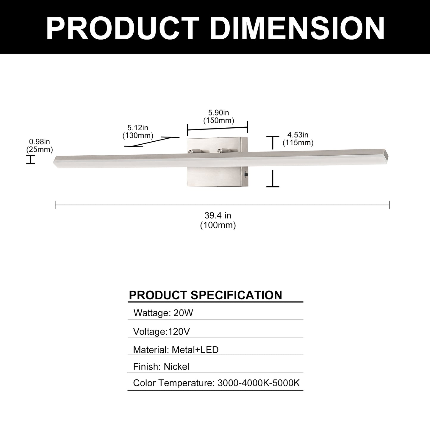 YANSUN 40 in LED Vanity Light with Brushed Nickel Finish, Integrated LED, Dimmable and 3CCT, 120V