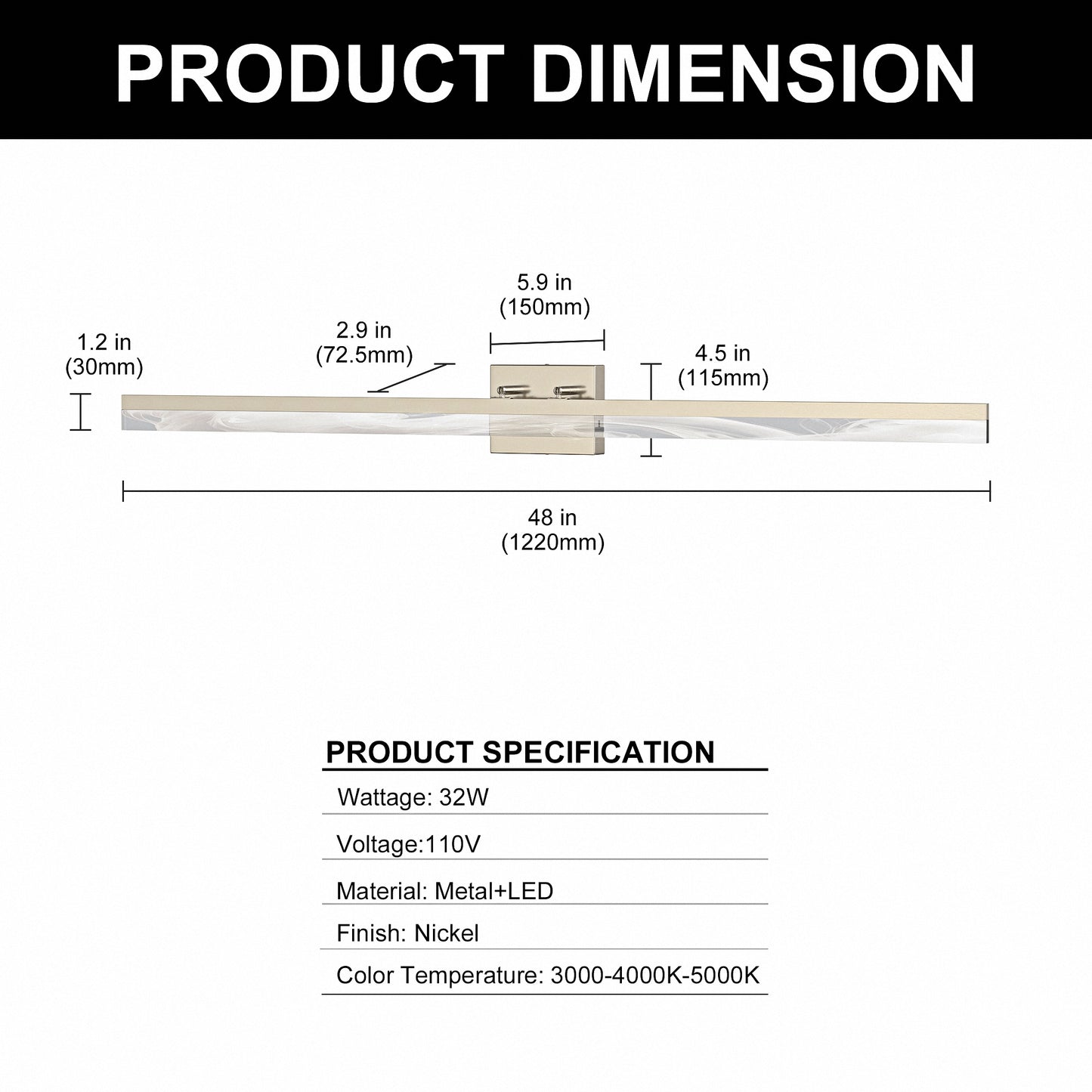 YANSUN 48 in Modern LED Vanity Light with Cloud Frost Acrylic Diffuser, Sand Nickel Finish, Integrated LED, 3CCT Dimmable