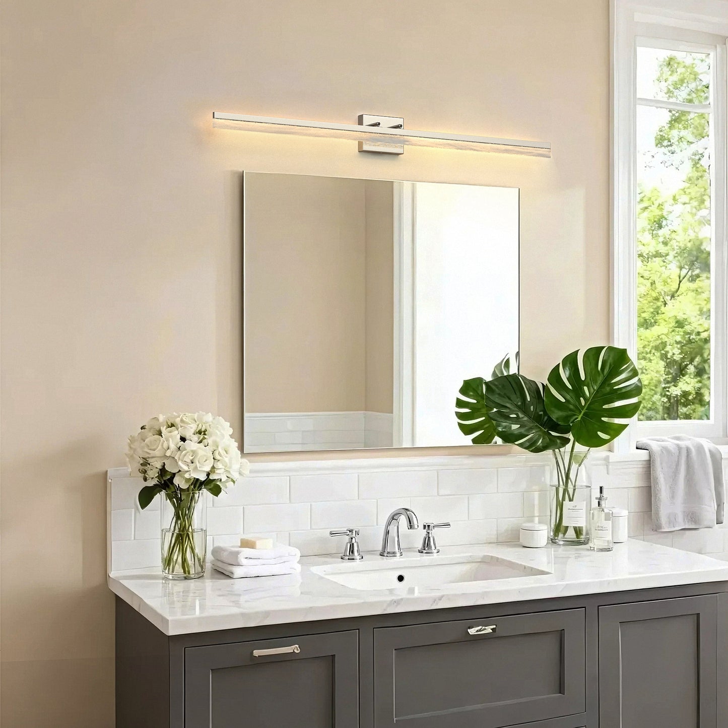 YANSUN 48 in Modern LED Vanity Light with Cloud Frost Acrylic Diffuser, Sand Nickel Finish, Integrated LED, 3CCT Dimmable