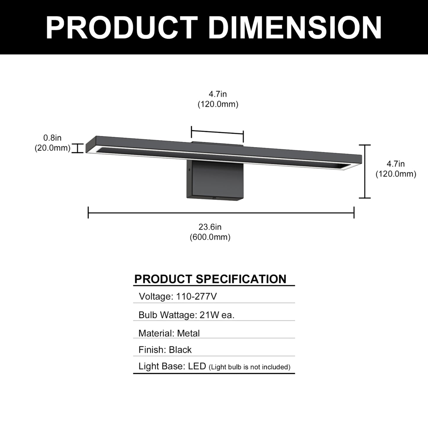 YANSUN 23.6-Inch Vanity Mirror Light with Center Cut-Out Design, Adjustable Color Temperature, Integrated LED, Sand Black Finish