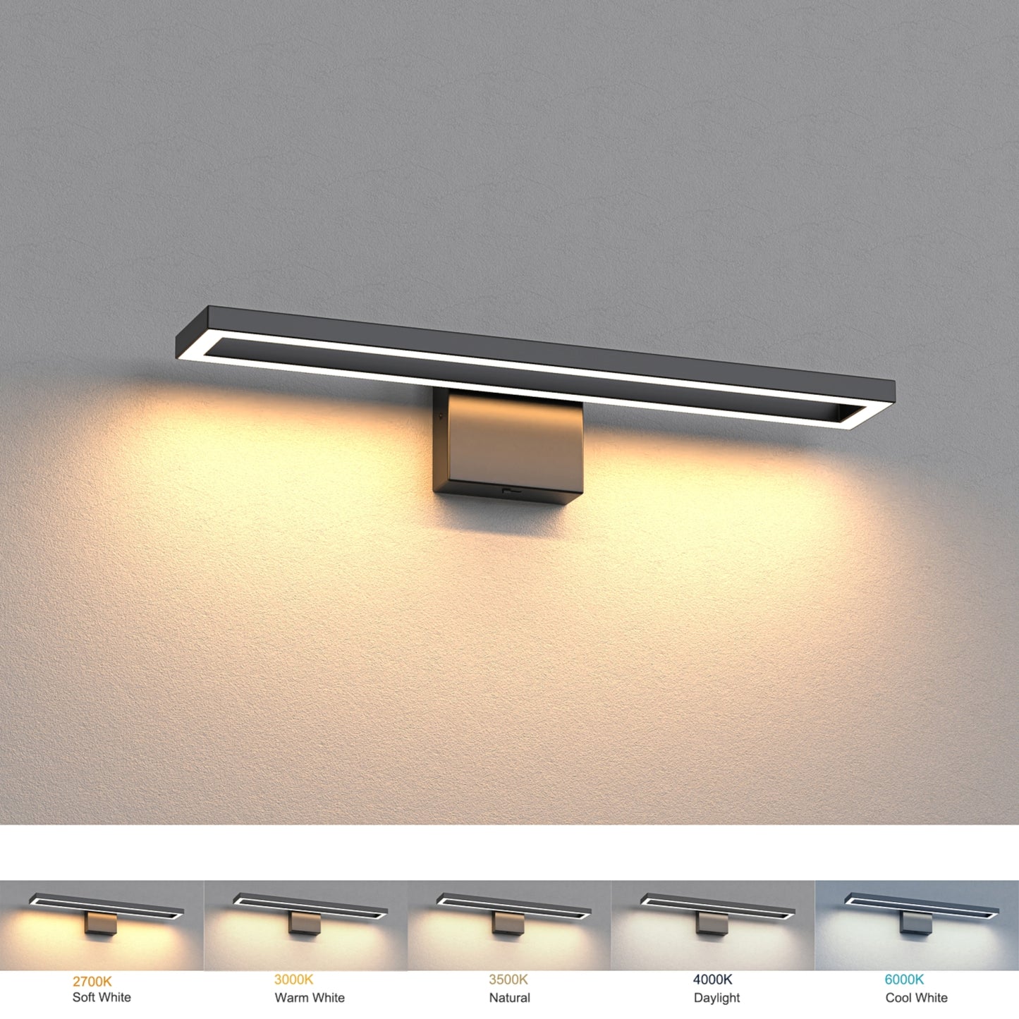 YANSUN 23.6-Inch Vanity Mirror Light with Center Cut-Out Design, Adjustable Color Temperature, Integrated LED, Sand Black Finish