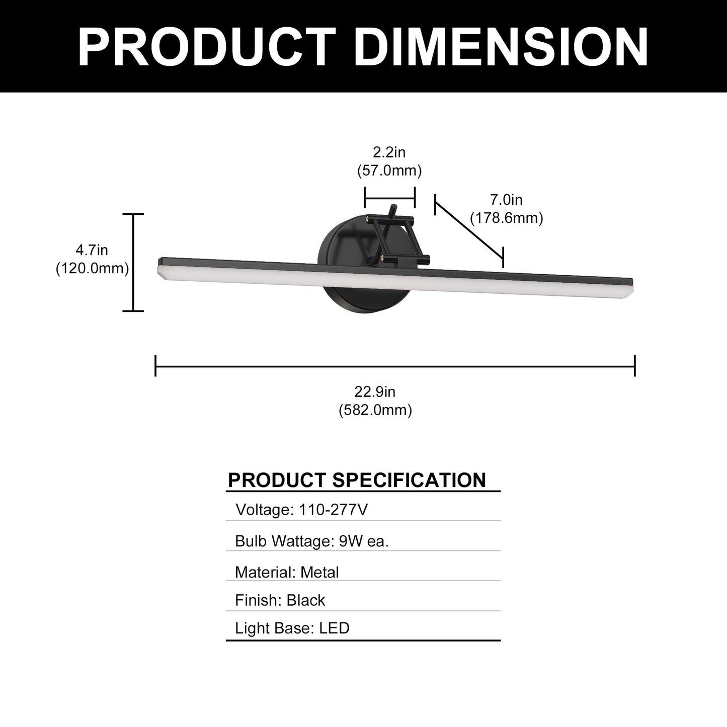 YANSUN 23.6-Inch Vanity Mirror Light with Adjustable Color Temperature, Integrated LED, Matte Black Finish, Extendable Design