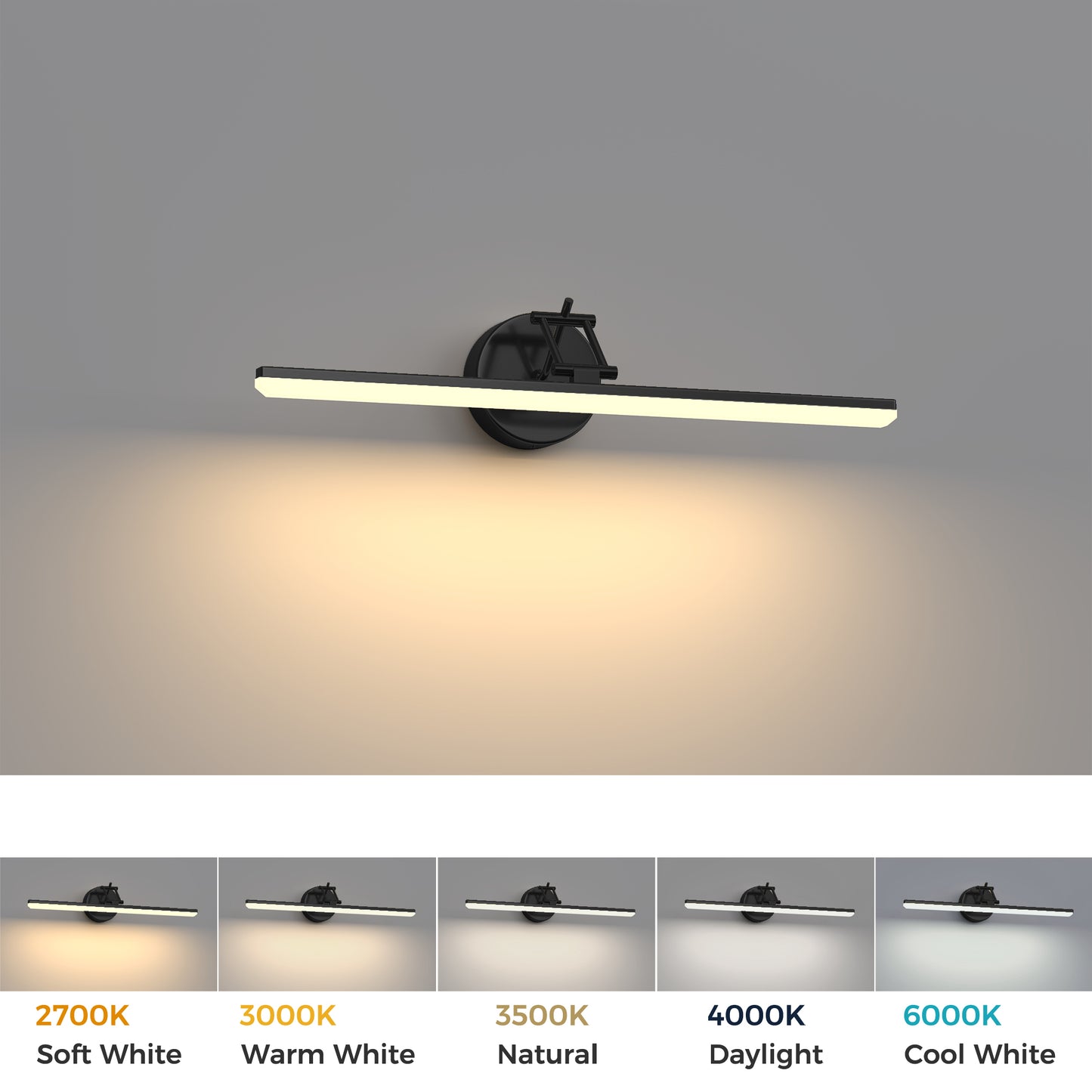 YANSUN 23.6-Inch Vanity Mirror Light with Adjustable Color Temperature, Integrated LED, Matte Black Finish, Extendable Design