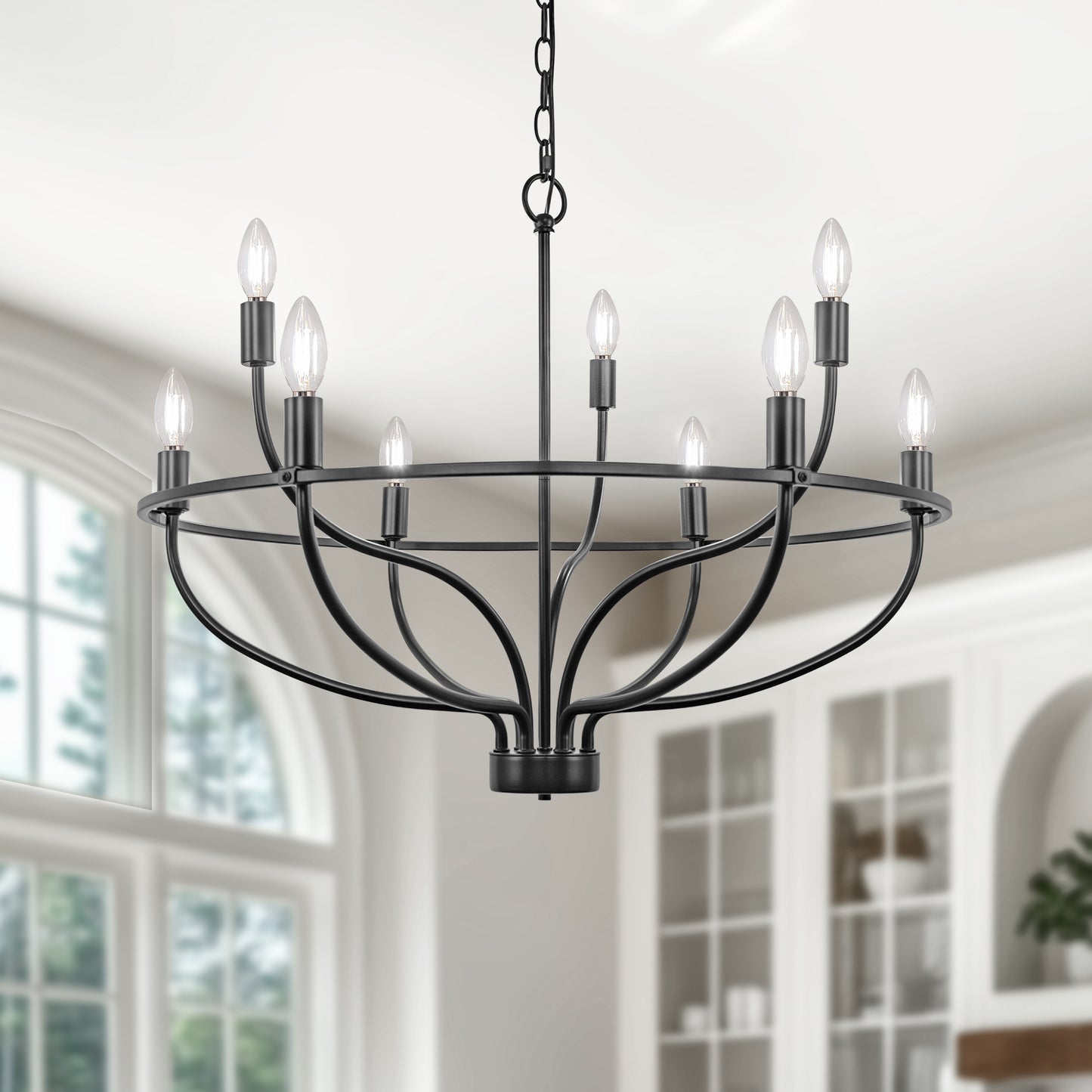 YANSUN 9-Light Black Large Circle Chandelier, 28.5-Inch Round Ring Wagon Wheel Pendant Light for Dining Room or Living Room