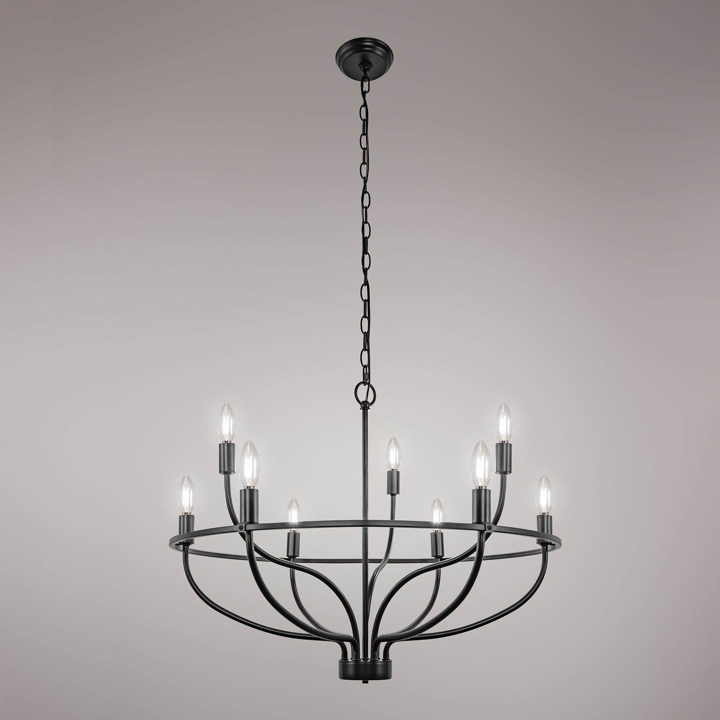 YANSUN 9-Light Black Large Circle Chandelier, 28.5-Inch Round Ring Wagon Wheel Pendant Light for Dining Room or Living Room