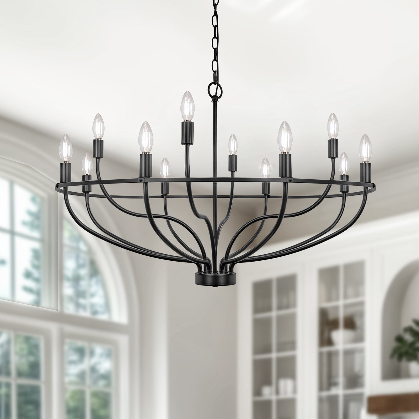YANSUN 12-Light Black Wheel Shaped Chandelier Industrial E12 Large Circular Pendant Light Fixture for Kitchen No Bulb Included