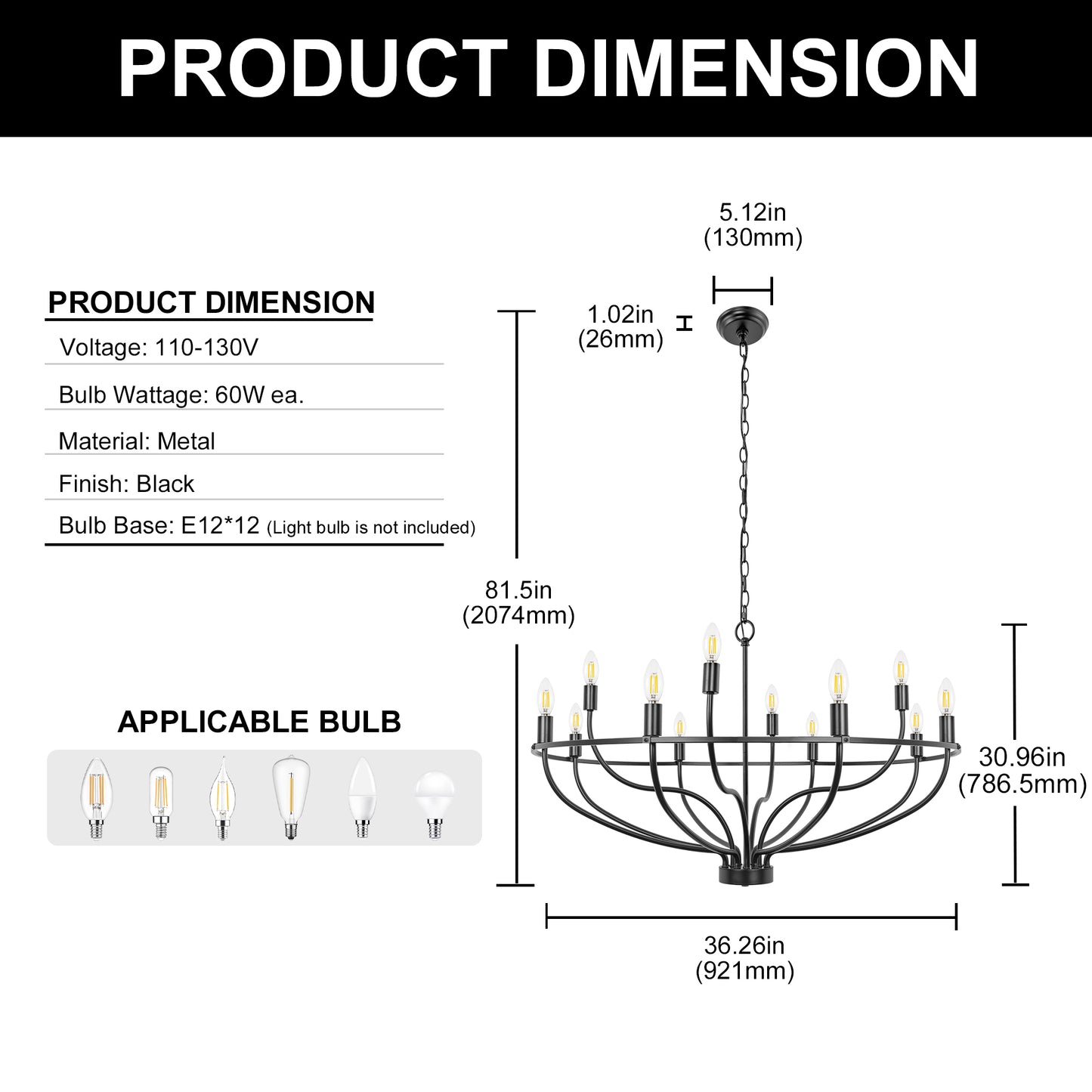 YANSUN 12-Light Black Wheel Shaped Chandelier Industrial E12 Large Circular Pendant Light Fixture for Kitchen No Bulb Included