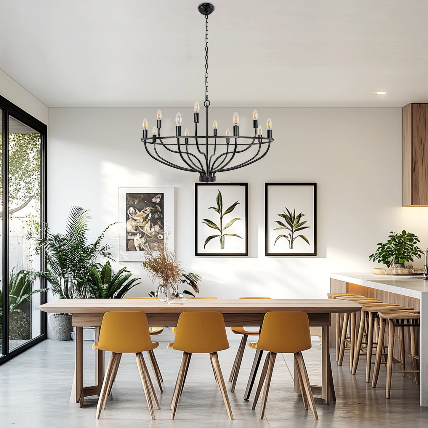 YANSUN 12-Light Black Wheel Shaped Chandelier Industrial E12 Large Circular Pendant Light Fixture for Kitchen No Bulb Included