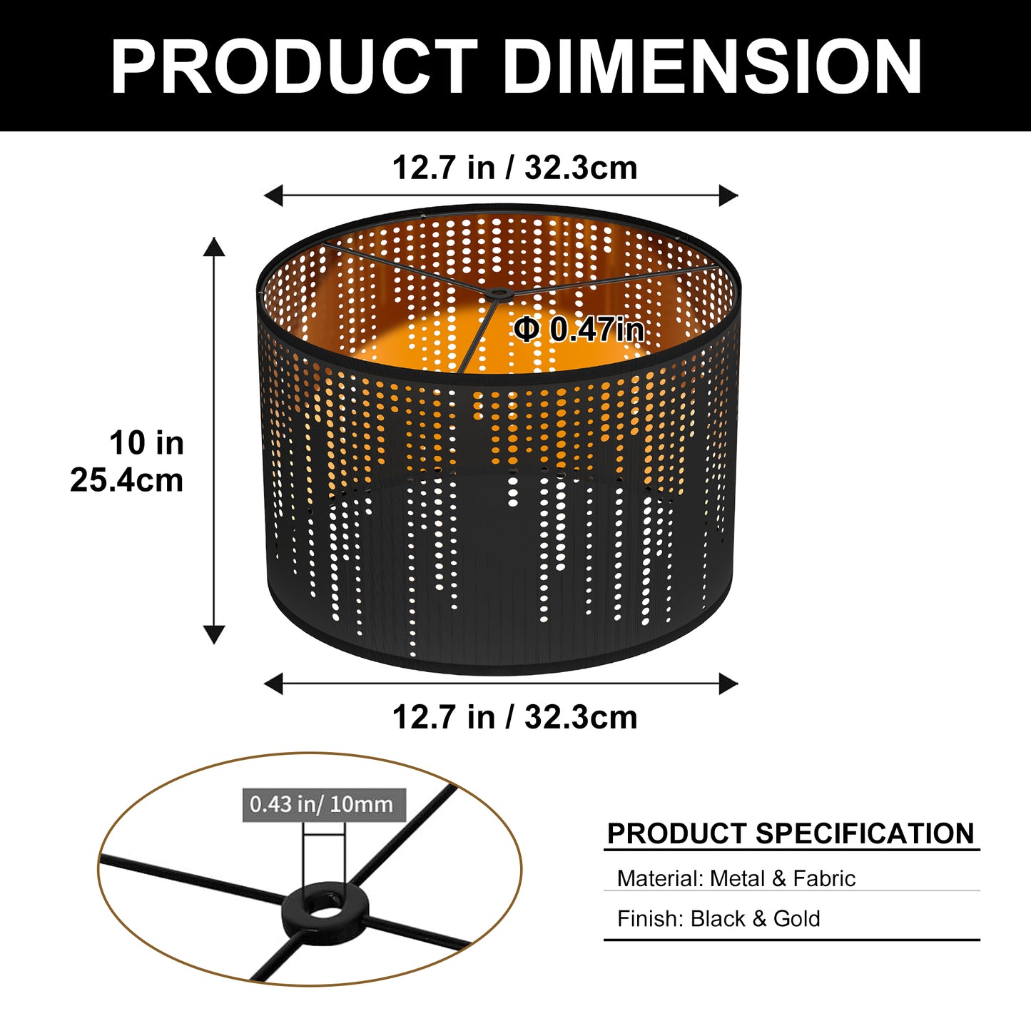 YANSUN 10 in. H Black Metal Drum Lamp Shade with Round Shade with Uno Fitter