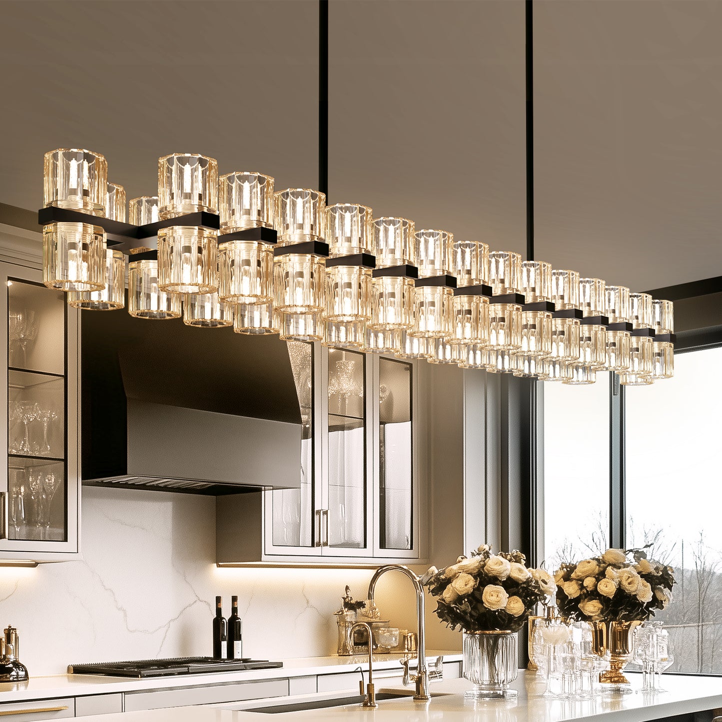 YANSUN 60-Light Chandelier Pendant Black Crystal Shades Warm 3000K with G4 Bulbs