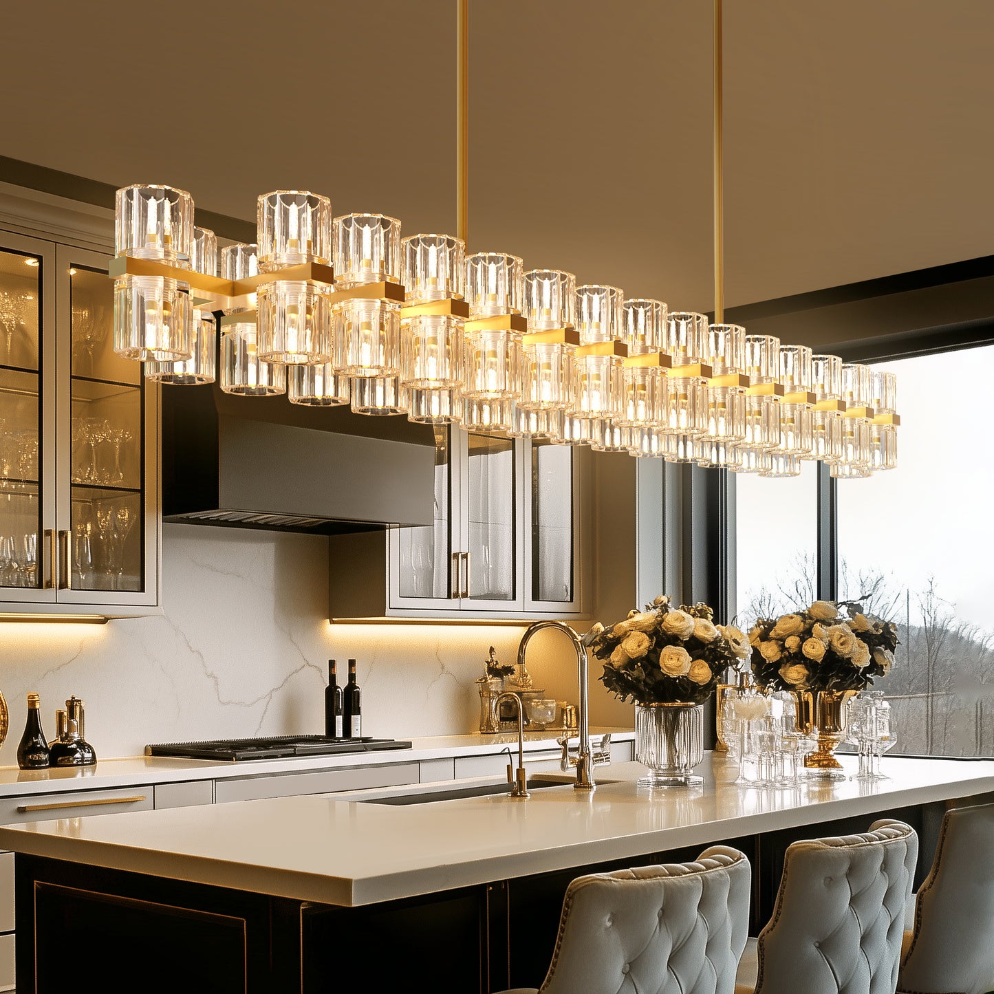 53 in. 60-Light Gold Crystal Rectangular Chandelier for Large Living Room, Dining Room