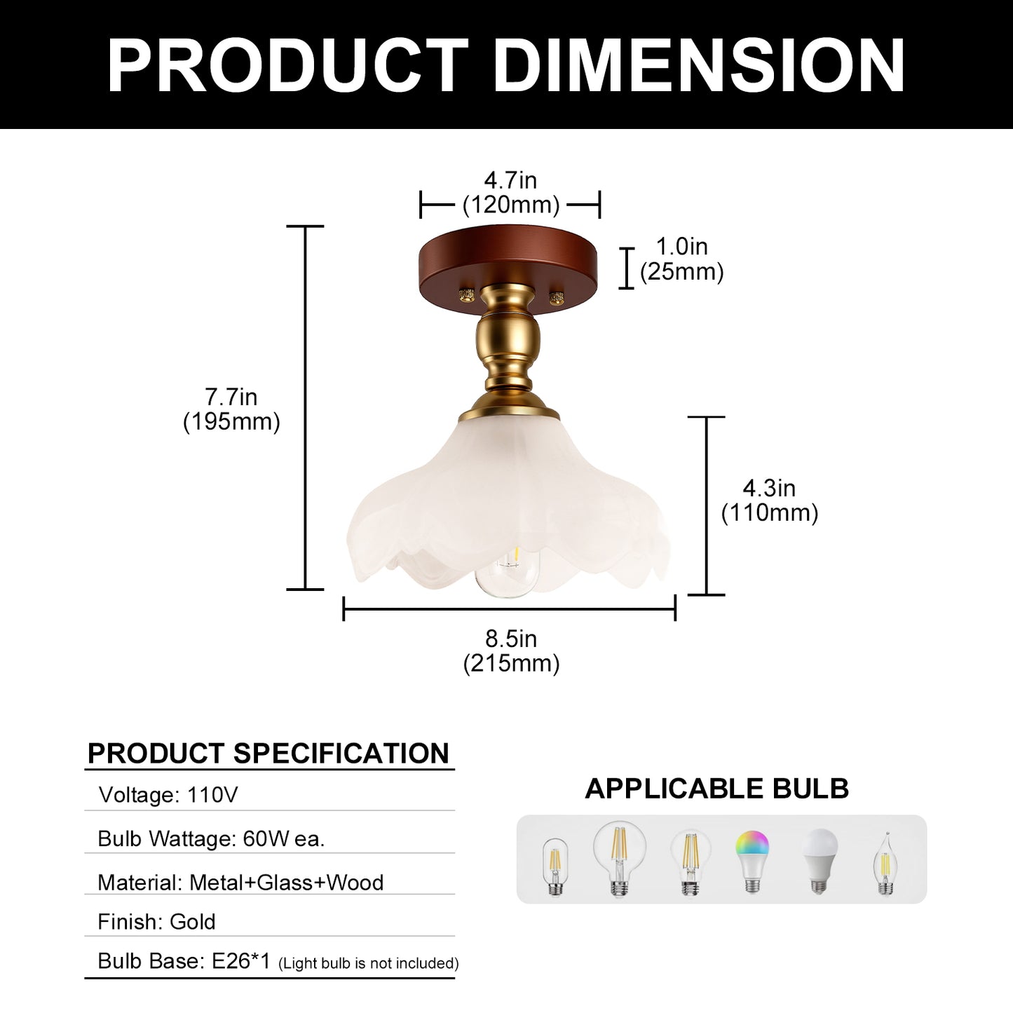 YANSUN 1-Light Vintage Semi-Flush Mount Ceiling Light Wood Grain Canopy Copper Finish with Glass Shade Ceiling Light Fixture with E26 Socket