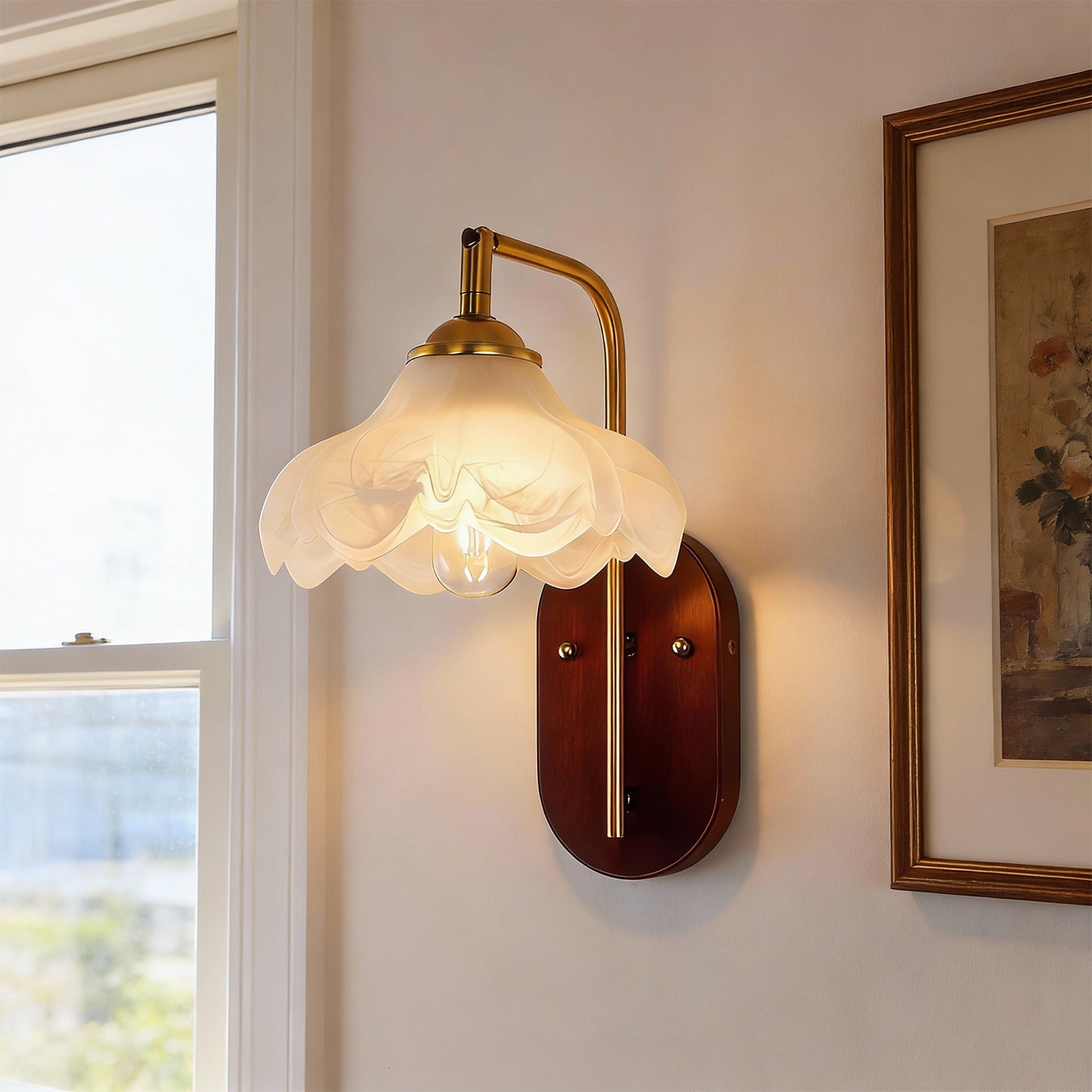 YANSUN 1-Light Vintage Wall Sconce Wood Grain Backplate Copper Finish Metal and Glass Indoor Wall Light with E26 Socket