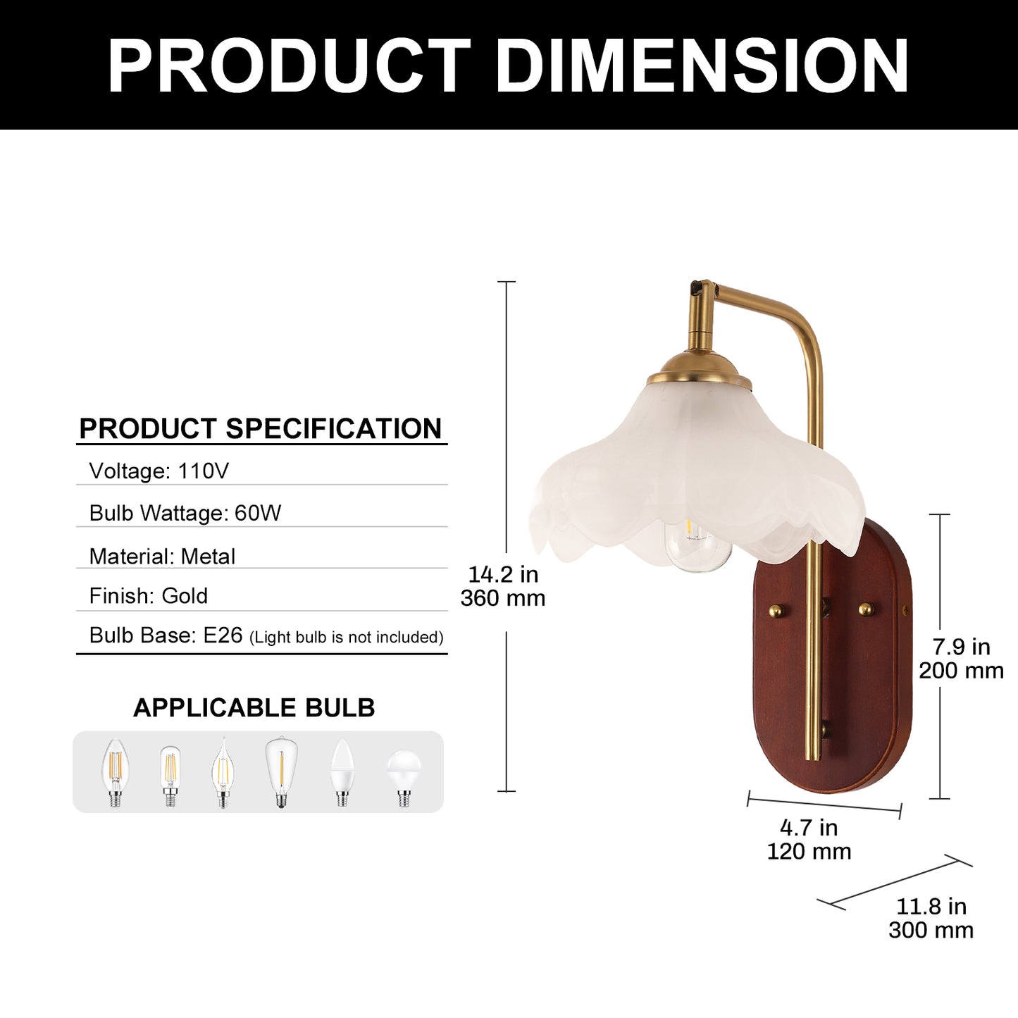 YANSUN 1-Light Vintage Wall Sconce Wood Grain Backplate Copper Finish Metal and Glass Indoor Wall Light with E26 Socket