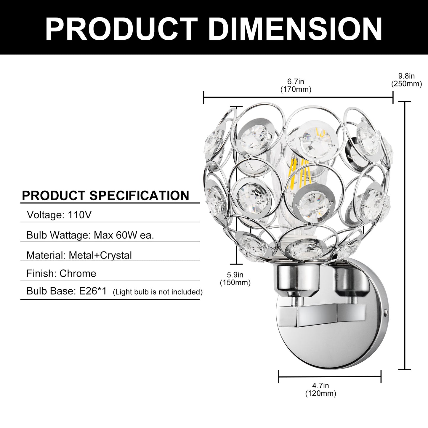YANSUN Modern Crystal Round Wall Sconce E26 Indoor Wall Light Fixture Chrome Finish 1-Light Vanity Lamp
