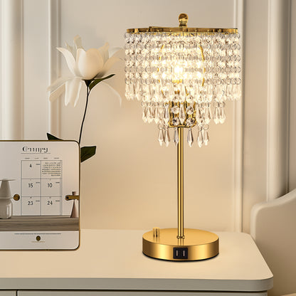17 in. Gold LED Table Lamp Clear Crystal with 3-Way Dimmer Rotary Switch and Dual USB Charging Ports
