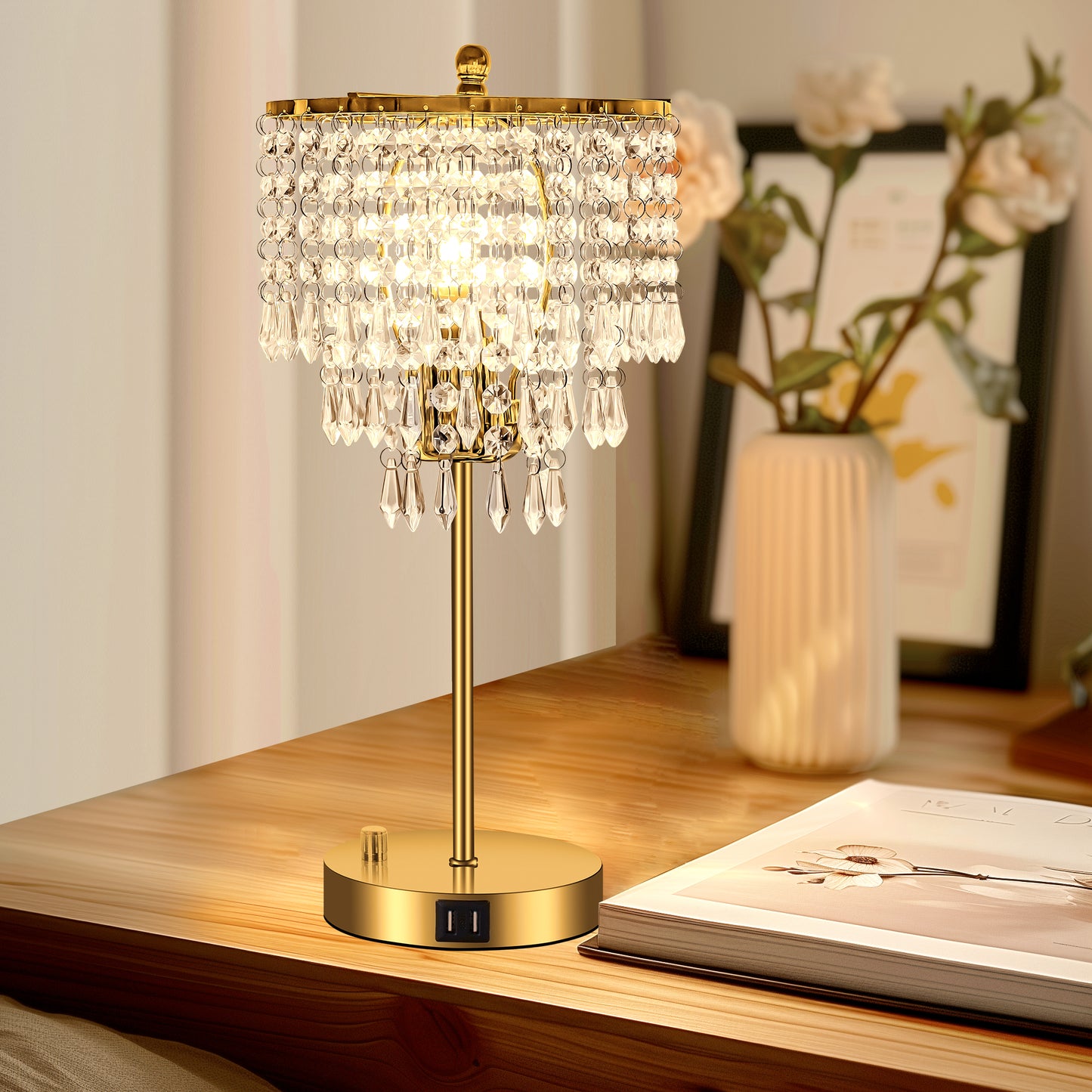 YANSUN 17 in. Crystal Dimmable Table Lamp with Dual USB Charging, Rotary Switch, and E26 for Bedroom(Light Bulbs Not Included)