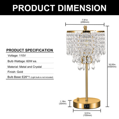 17 in. Gold LED Table Lamp Clear Crystal with 3-Way Dimmer Rotary Switch and Dual USB Charging Ports