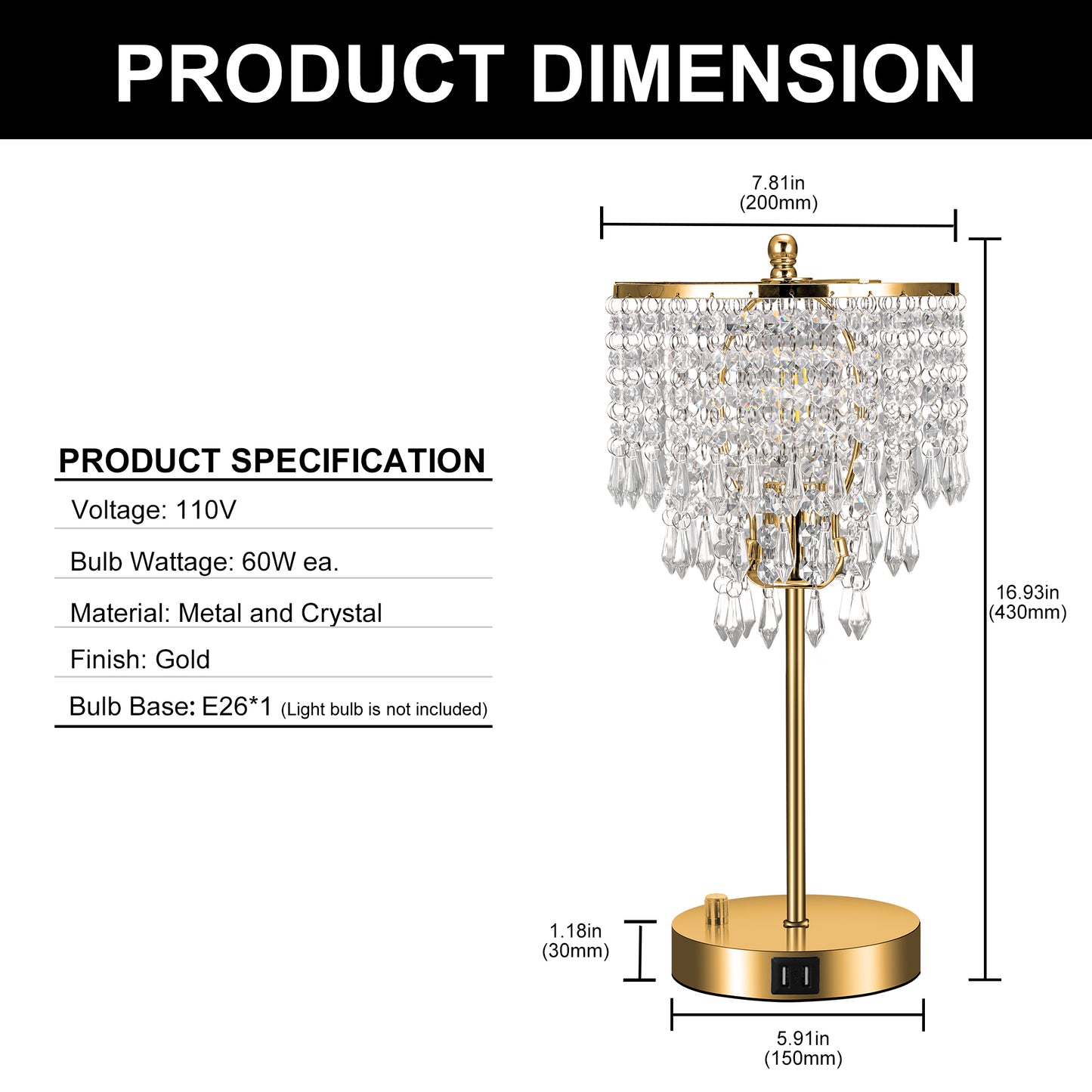 YANSUN 17 in. Crystal Dimmable Table Lamp with Dual USB Charging, Rotary Switch, and E26 for Bedroom(Light Bulbs Not Included)