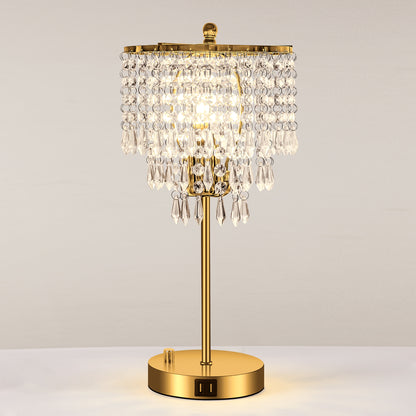 17 in. Gold LED Table Lamp Clear Crystal with 3-Way Dimmer Rotary Switch and Dual USB Charging Ports