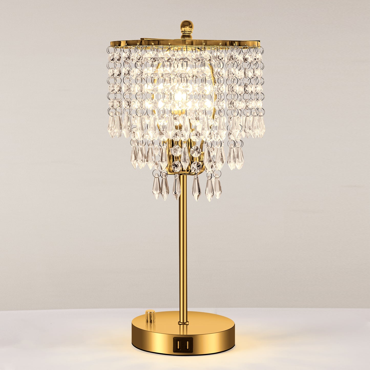 YANSUN 17 in. Crystal Dimmable Table Lamp with Dual USB Charging, Rotary Switch, and E26 for Bedroom(Light Bulbs Not Included)