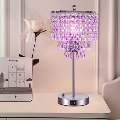 17 in. Chrome LED Integrated Table Lamp with Purple Crystal with 3-Way Dimmer Rotary Switch and Dual USB Charging Ports