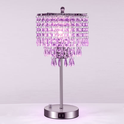 17 in. Chrome LED Integrated Table Lamp with Purple Crystal with 3-Way Dimmer Rotary Switch and Dual USB Charging Ports