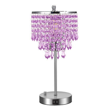 17 in. Chrome LED Integrated Table Lamp with Purple Crystal with 3-Way Dimmer Rotary Switch and Dual USB Charging Ports